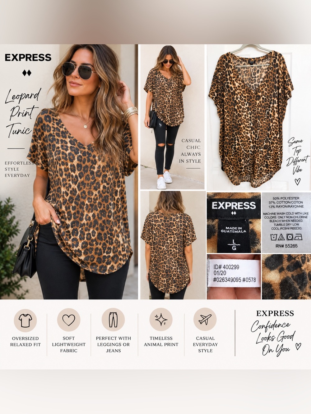 Express Leopard Print Oversized V-Neck Tunic Top Women’s Large L Animal Print